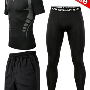 3-Piece Men’s Set, Short-Sleeve Crew-Neck Top, Shorts, and Base Layer Pants